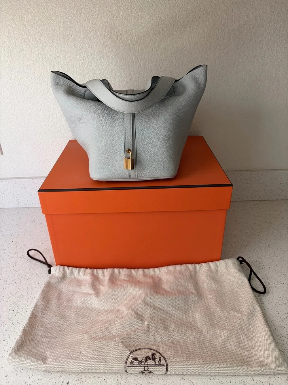 Hermes Bleu Pale Clemence Leather Picotin 22 Authentic